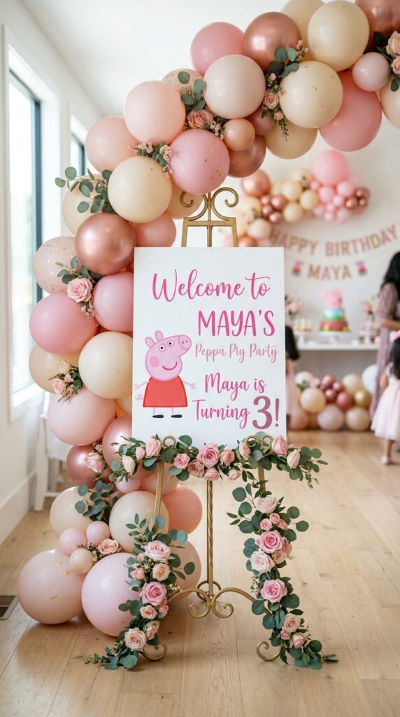 Peppa Pig birthday party welcome sign on easel with pink balloon decor