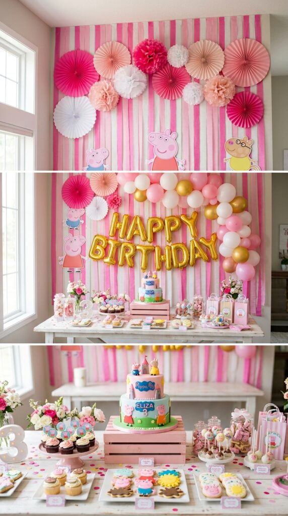DIY pink paper backdrop wall for Peppa Pig birthday party table