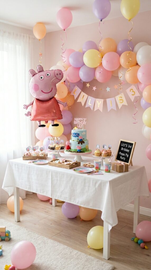 Peppa Pig foil balloon centerpiece with pastel latex balloons and curling ribbons on a white party table.