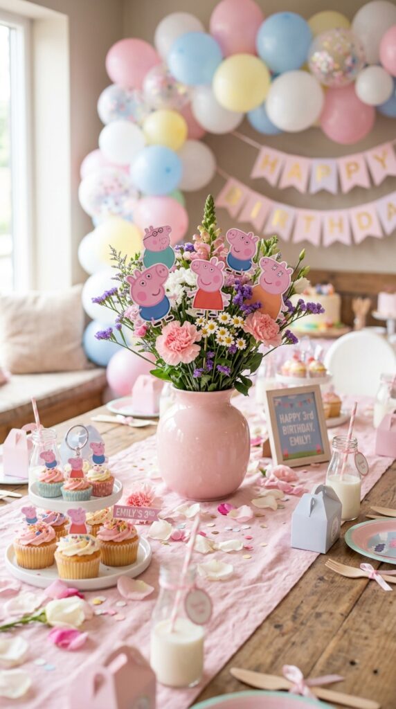 Peppa Pig birthday party floral centerpiece with pink and white flowers in a pink vase on a pastel party table.
