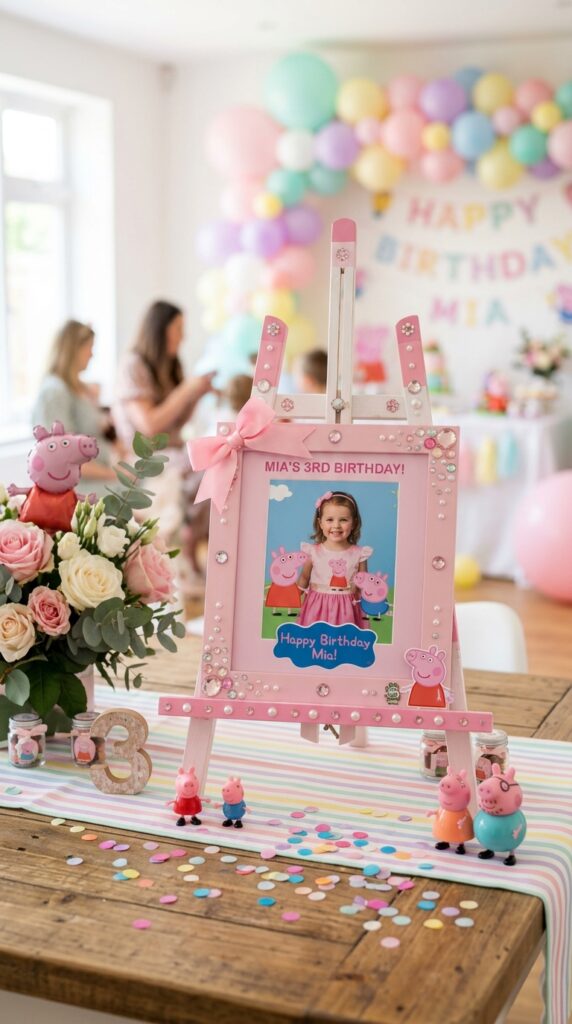 Personalized Peppa Pig birthday photo frame centerpiece on easel stand with mini figurines and confetti.