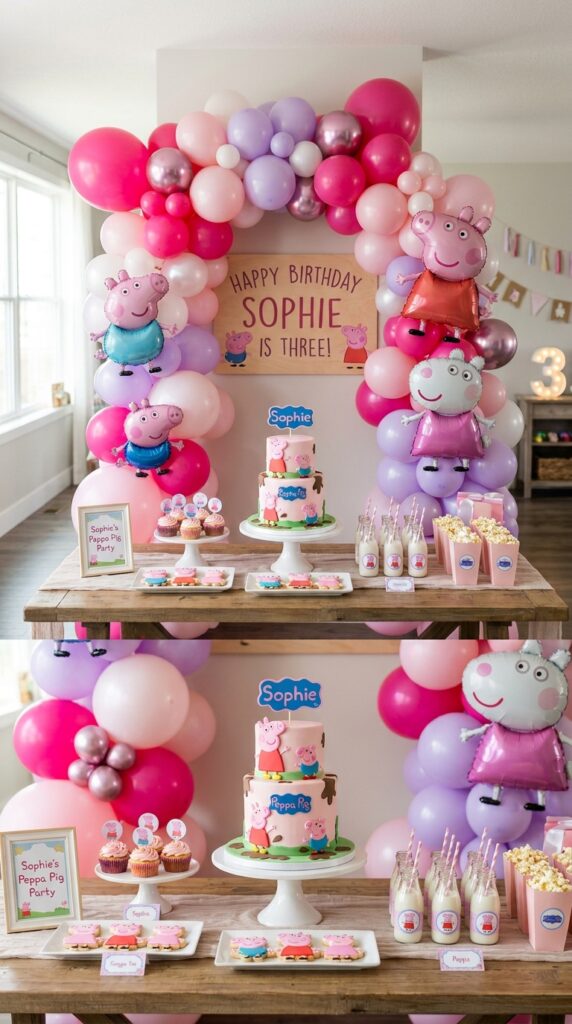 Mini balloon arch centerpiece in pink and white for a Peppa Pig birthday party table