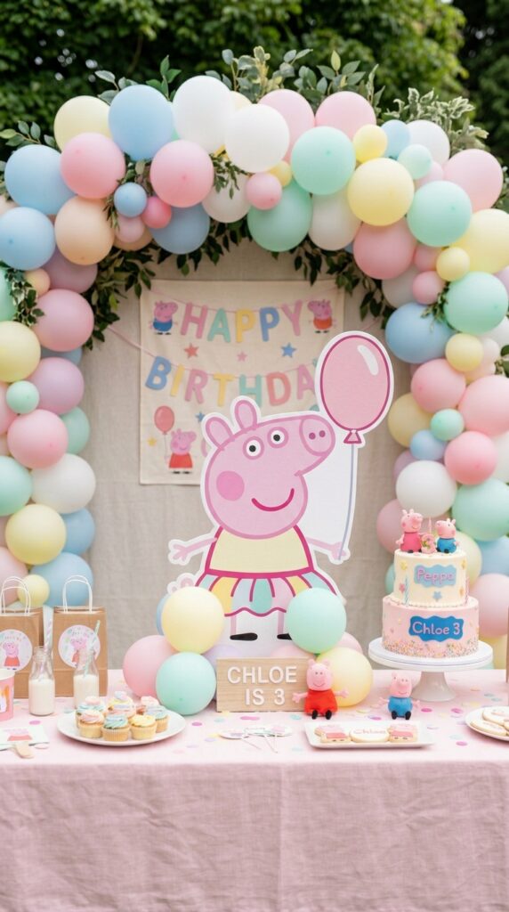 Peppa Pig character standee centerpiece on a pink birthday party table with balloons and themed props.
