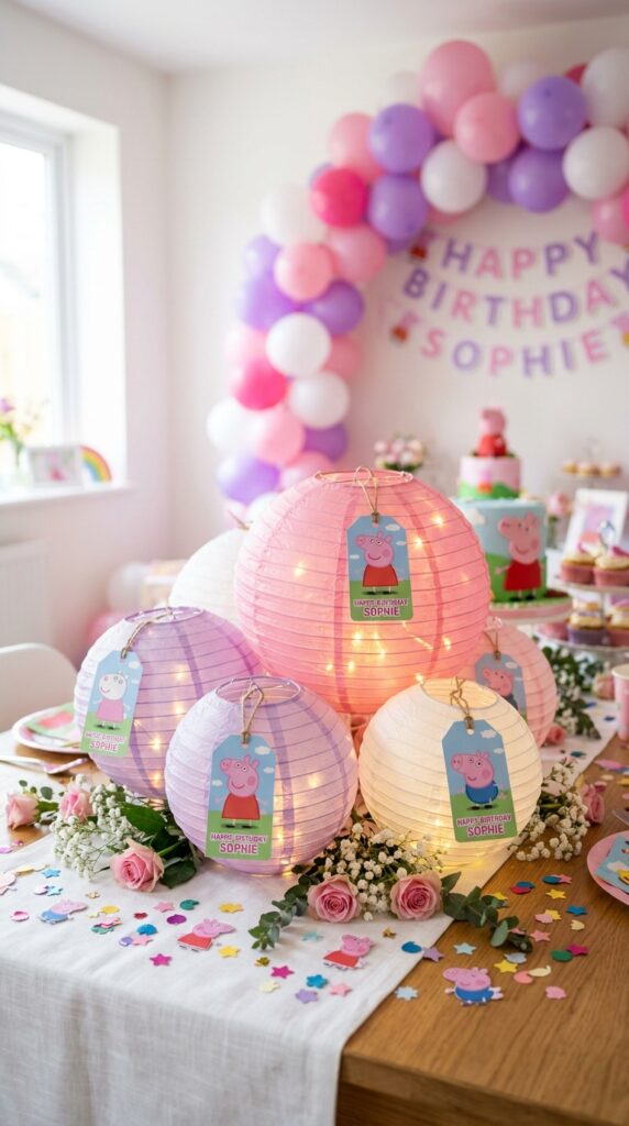Peppa Pig pink and white paper lantern centerpieces with fairy lights on a birthday party table.