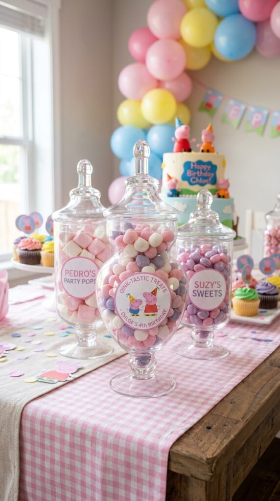 Peppa Pig themed candy bar centerpiece with pastel pink candies in clear apothecary jars on party table.