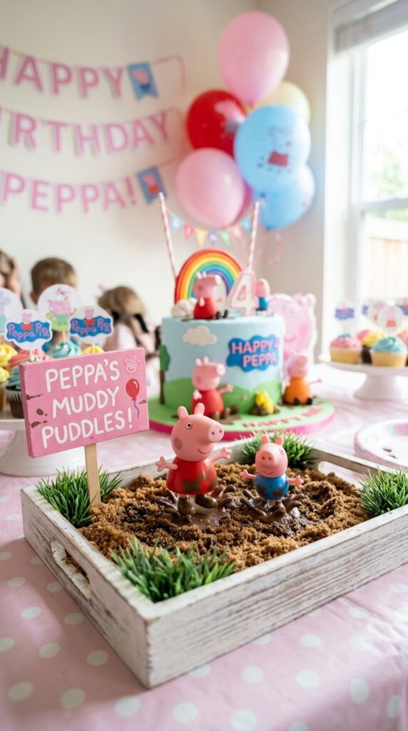 Peppa Pig mud puddle themed birthday party centerpiece with figurines in a tray on a party table.