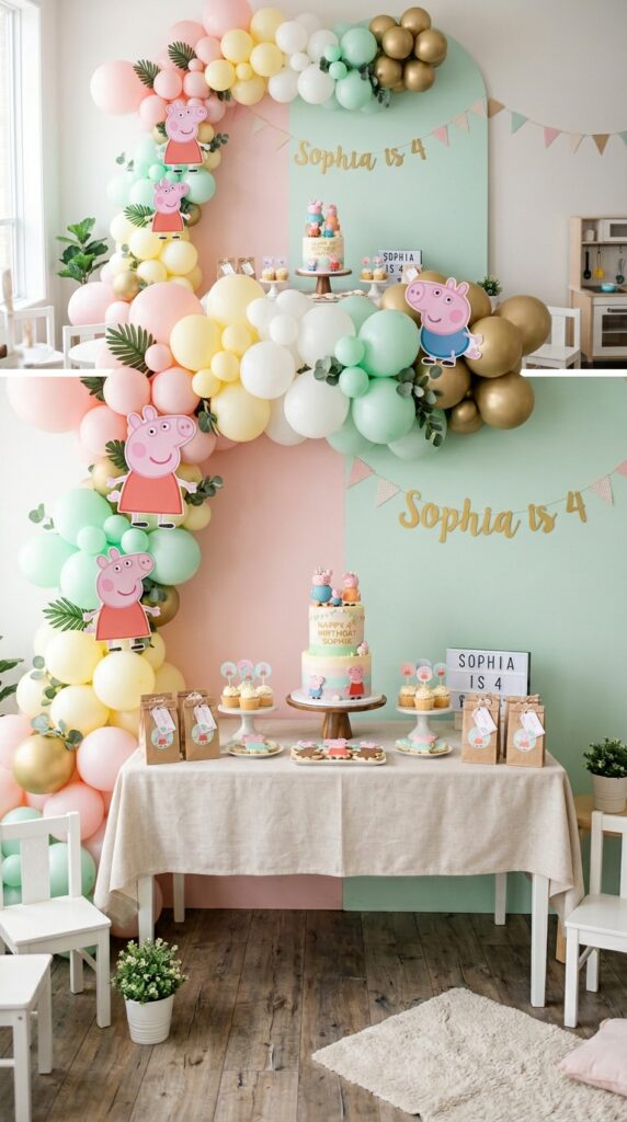 Pastel Peppa Pig balloon arch backdrop with pink and mint balloons and character cutouts for a kids birthday party.