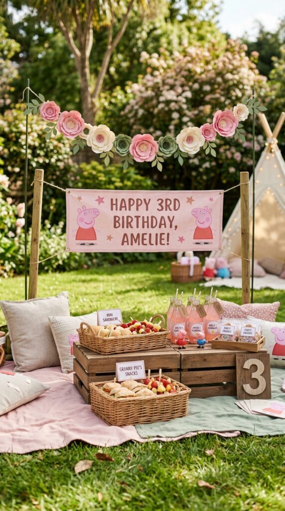 Outdoor Peppa Pig garden birthday party with picnic blankets, scatter cushions, paper flower garland, and picnic food on wooden boards.