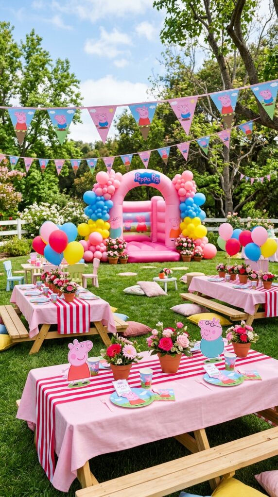 Peppa Pig outdoor birthday party setup with pink picnic tables, balloon clusters, and bunting banners on a green lawn
