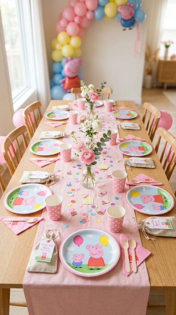 Peppa Pig table runner and place setting for birthday party dining table