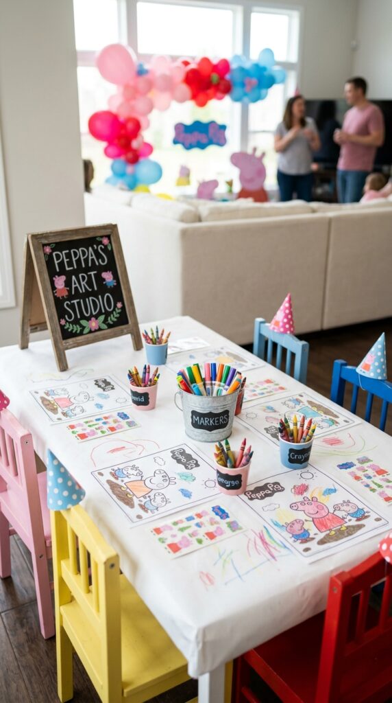 Peppa Pig birthday party coloring and sticker activity table with printed coloring pages, crayon cups, and "Peppa's Art Studio" sign for kids.