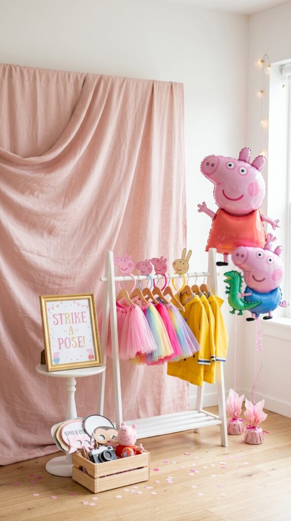 Peppa Pig party photo booth station with costume accessories on a rack, pink backdrop, and foil balloon decorations for kids birthday party.