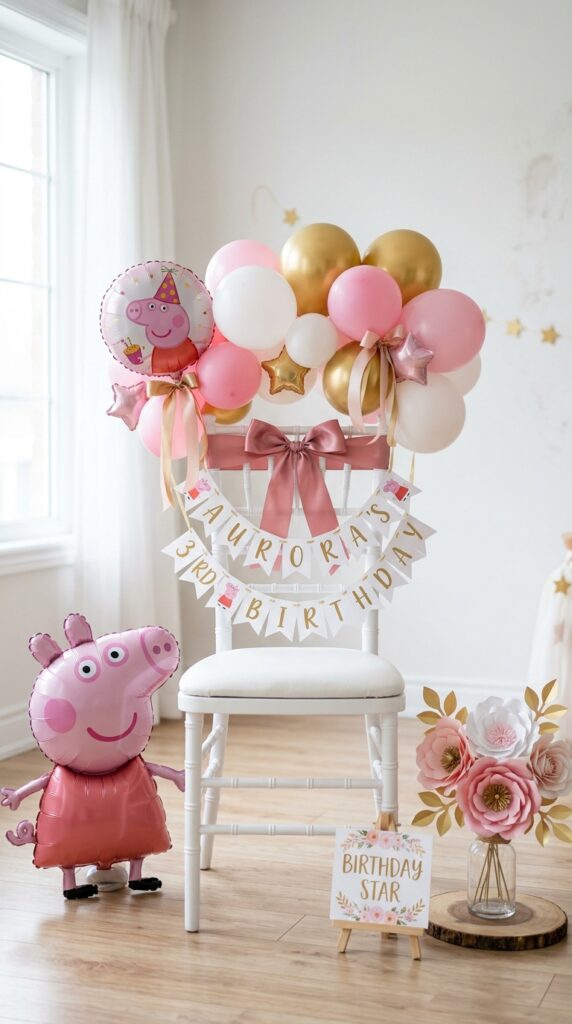 Peppa Pig birthday throne chair decorated with pink gold balloons, satin bow, personalized name banner and paper flower arrangement.