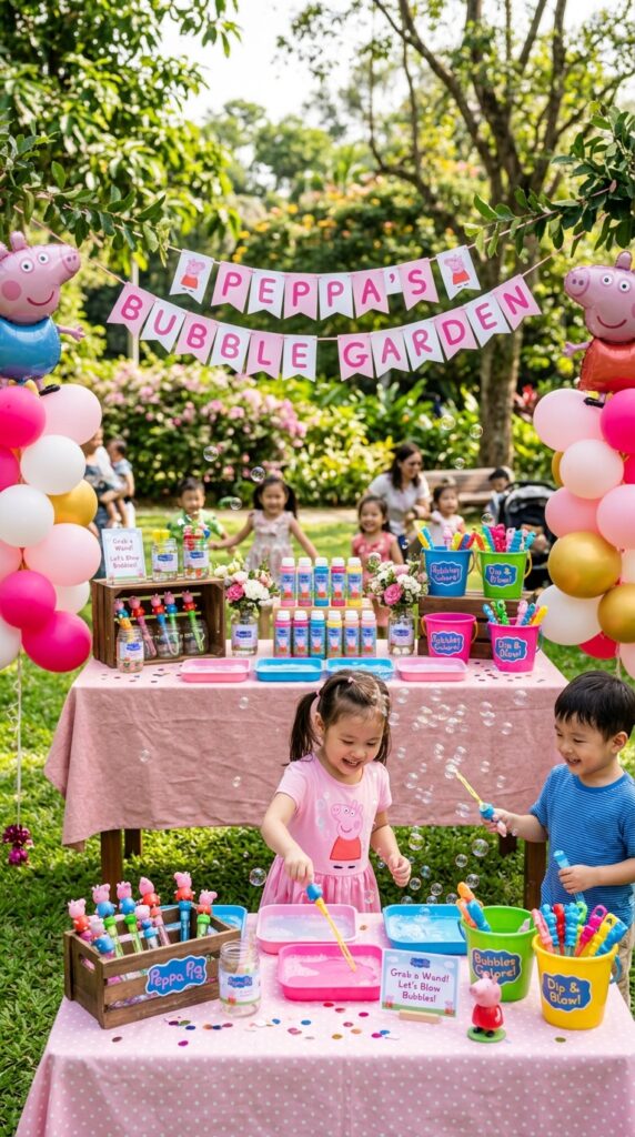 Peppa Pig bubble station setup outdoors with pink table, bubble wands, and balloon decorations.