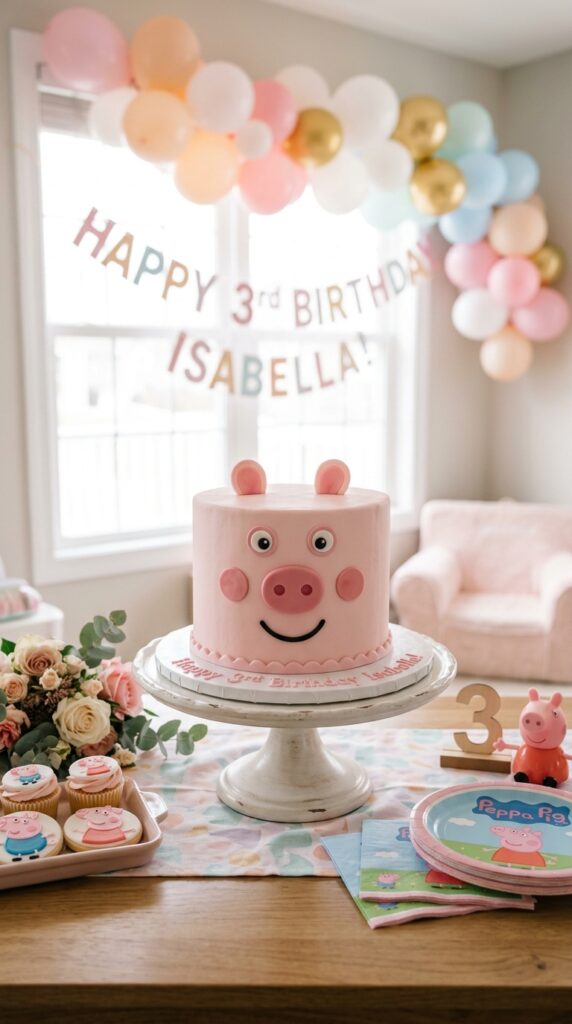Peppa Pig face cake with pink frosting and simple decorations
