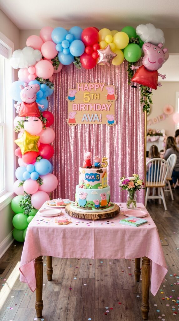 Peppa Pig birthday cake cutting backdrop with pink fabric panel, balloon garland, and personalized party banner.
