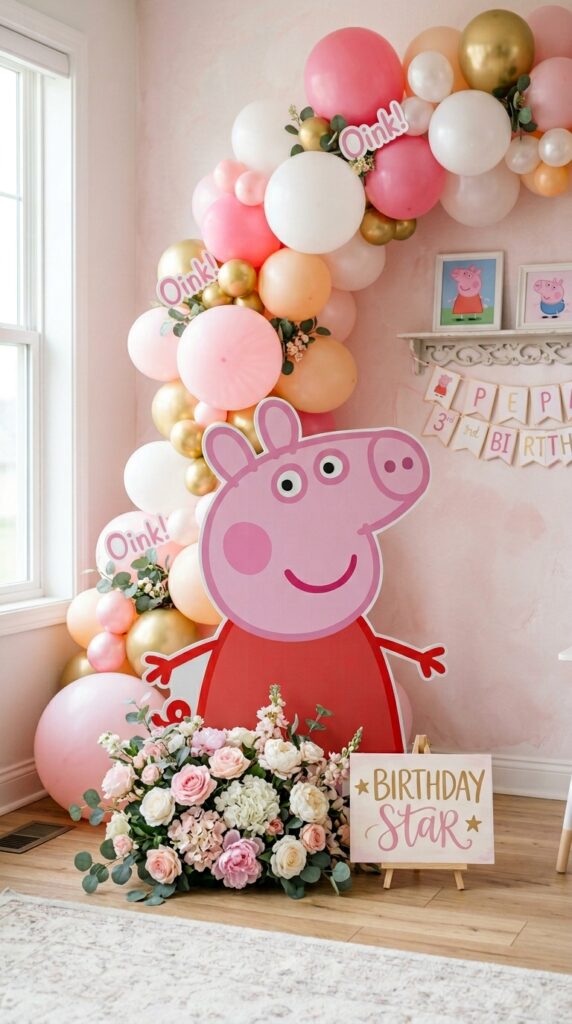 Life-sized Peppa Pig cardboard cutout surrounded by pink balloons and flowers for a 1st birthday party display.