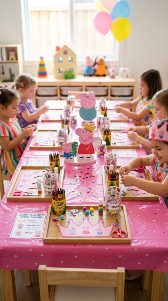 Peppa Pig birthday party craft activity table with crown templates, crayons, stickers, and Peppa character cutouts.