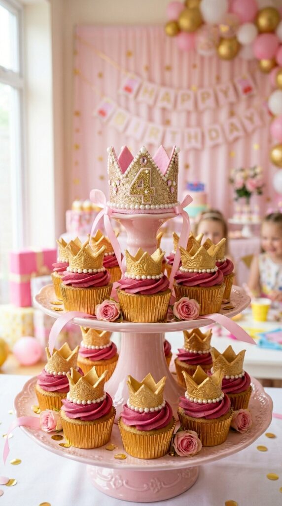 Peppa Pig birthday girl crown cupcakes with gold fondant crown toppers pink frosting and edible gold luster dust