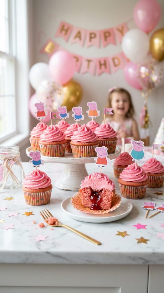 Peppa Pig surprise filling birthday cupcakes with pink frosting and hidden strawberry jam center for kids party
