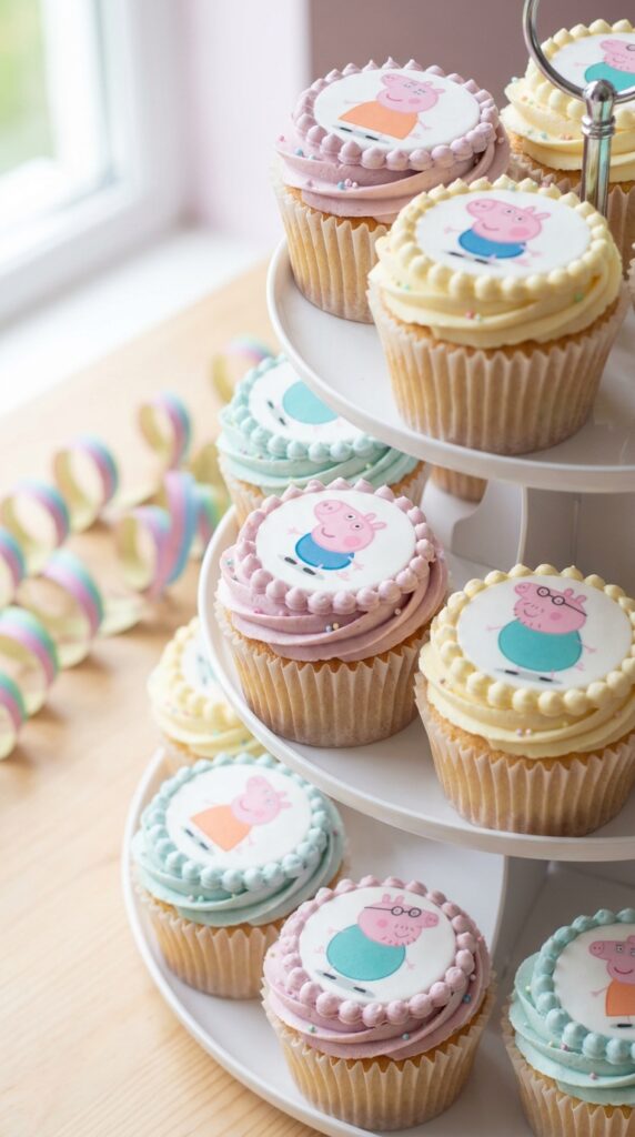 Peppa Pig character cupcake set featuring Peppa, George, and family on pastel frosted cupcakes for birthday party