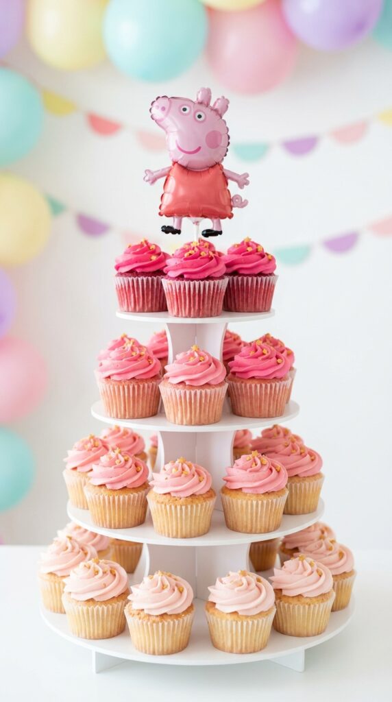 Ombre pink Peppa Pig birthday cupcake tower with gradient pink frosting tiers and gold star sprinkles