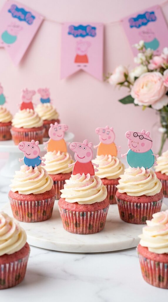Pink velvet Peppa Pig cupcakes with cream cheese frosting and edible glitter on a party dessert table