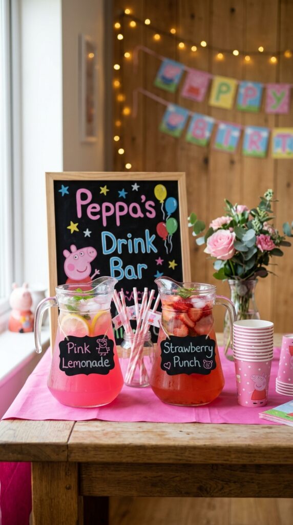 Peppa Pig themed pink drink station for birthday party with lemonade and 