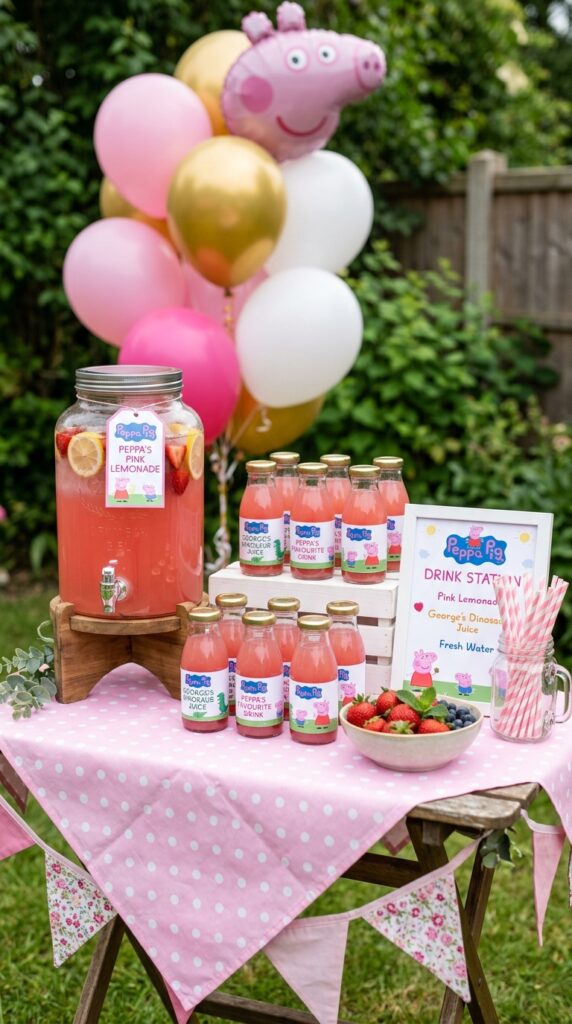 Peppa Pig party drink station with pink lemonade dispenser, custom labeled bottles, and pink straws in a mason jar.