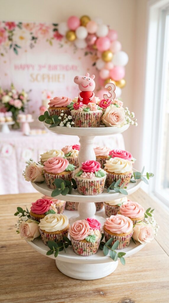 Peppa Pig floral birthday cupcakes with piped buttercream roses in pink and white and fondant Peppa accents