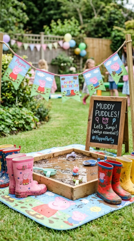 Peppa Pig muddy puddle activity corner with boots, bunting and themed party sign