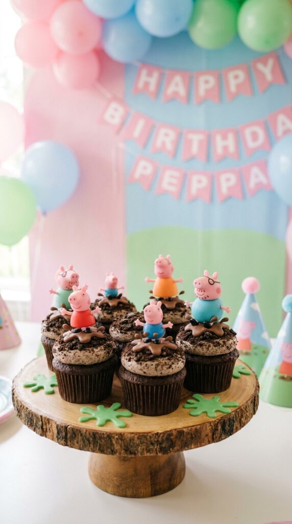 Muddy puddle Peppa Pig chocolate cupcakes with cookie crumble topping and Peppa figurine on a party table