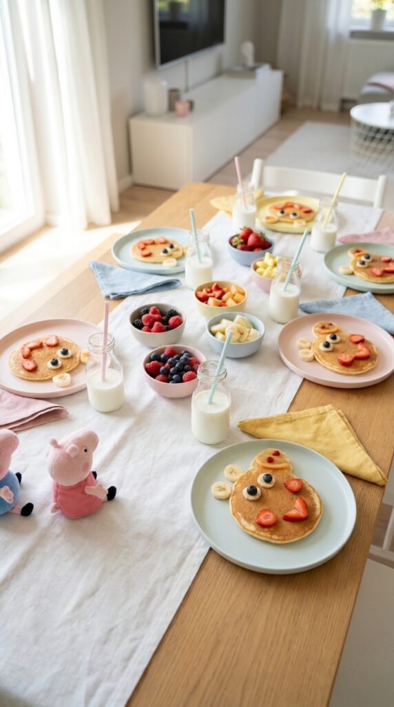 Peppa Pig face pancakes decorated with fruits and chocolate chips
