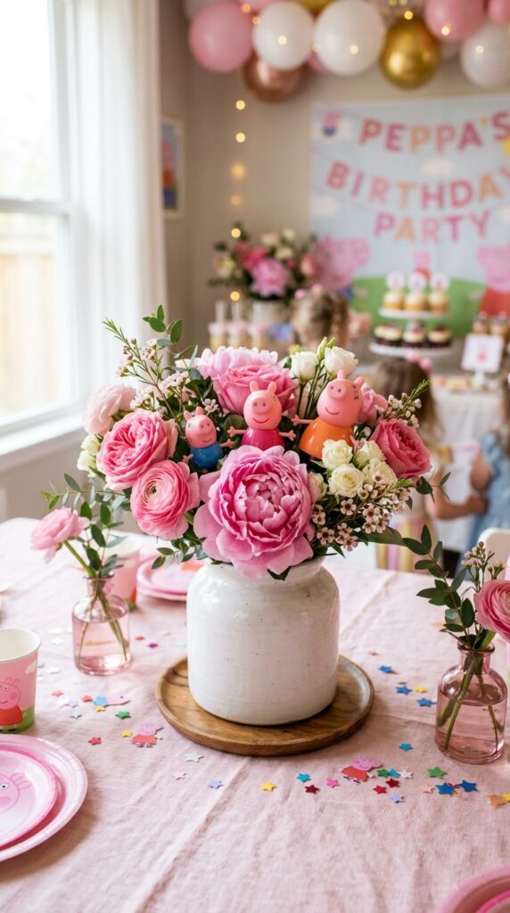 Pink floral centerpiece with Peppa Pig figurines for birthday party table