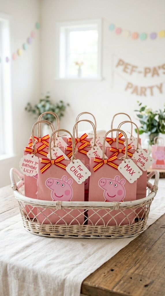 DIY Peppa Pig birthday party favor bags in pink kraft paper with ribbons and custom tags.
