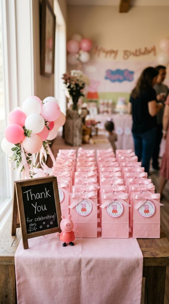 Peppa Pig birthday party favor table with pink bags and ribbon