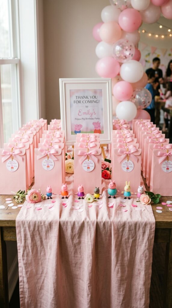 Peppa Pig birthday party favor table with pink goody bags, name tags, confetti, and thank you sign for kids party.