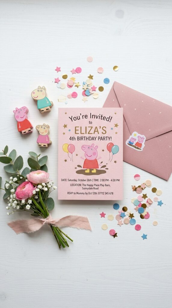 Peppa Pig birthday party invitation card design in pink and white with character graphic and party details.