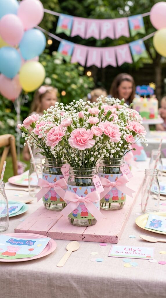 Peppa Pig wrapped mason jar flower centerpieces with pink and white blooms on a birthday party table.