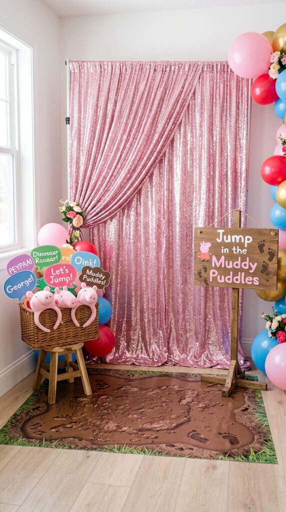 Peppa Pig muddy puddle photo booth corner with pink backdrop, prop basket, and floor puddle cutout.