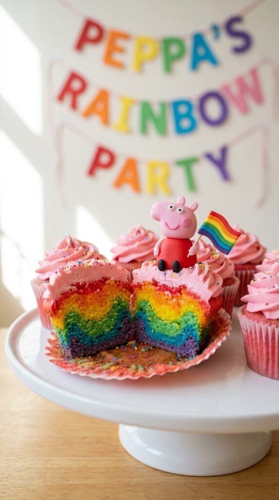 Rainbow Peppa Pig birthday cupcakes with pink frosting revealing colorful layered interior for kids party