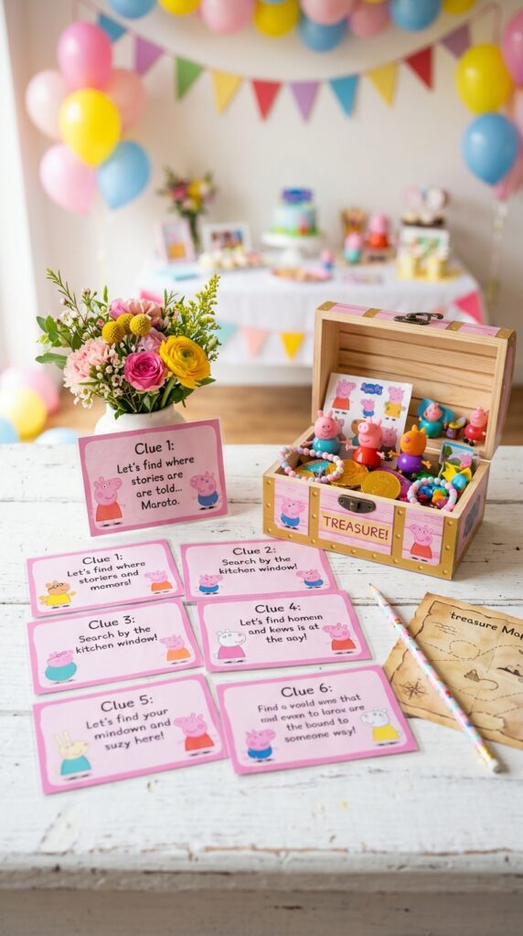 Peppa Pig birthday scavenger hunt clue cards in pink and a treasure chest with themed prizes.