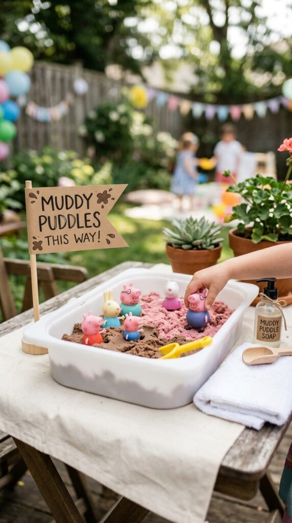 Peppa Pig muddy puddle sensory play station with pink kinetic sand, rubber figurines, and a kraft paper sign at a kids birthday party.