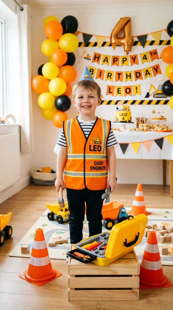 Kid wearing personalized construction vest with name for birthday party