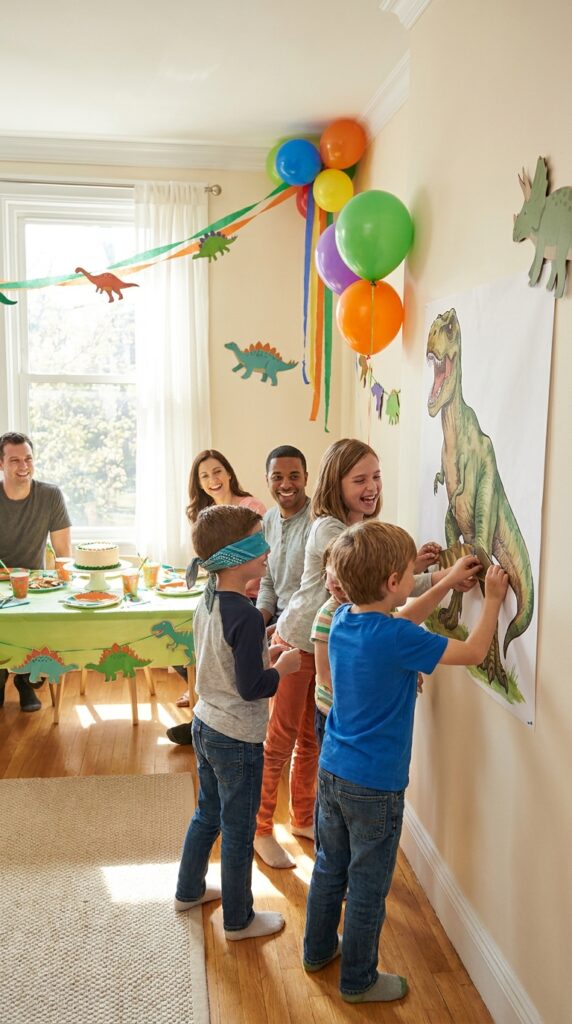 Kids playing pin the tail on the dinosaur game