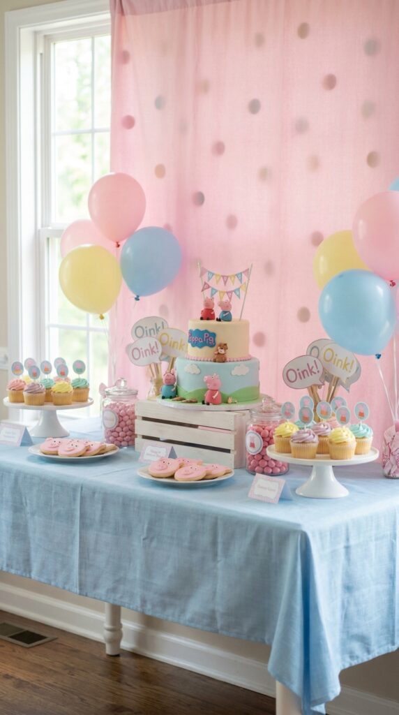 Pink Peppa Pig dessert table backdrop