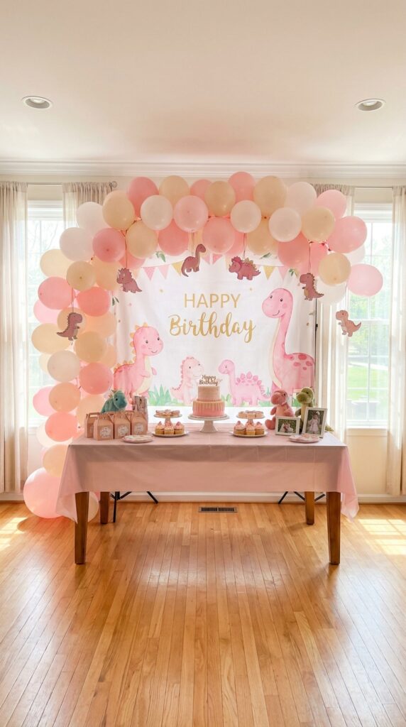 Pink dinosaur balloon arch birthday backdrop with girly decor