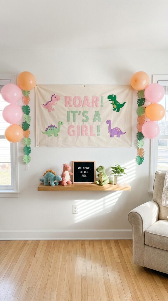 Pink dinosaur birthday banner decoration