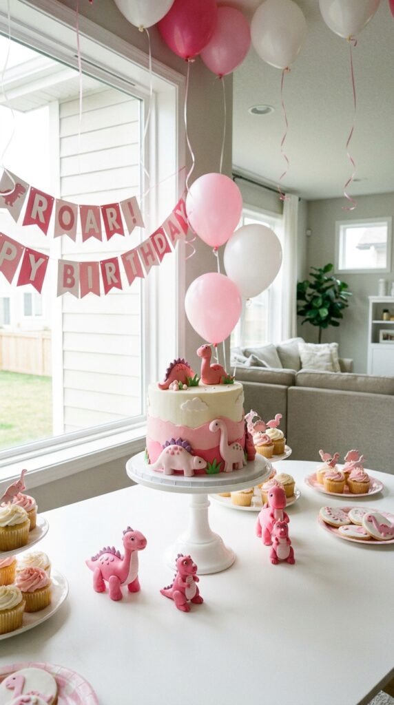 Pink dinosaur birthday cake table setup