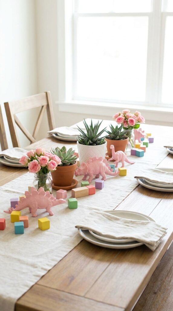 Pink dinosaur table centerpieces